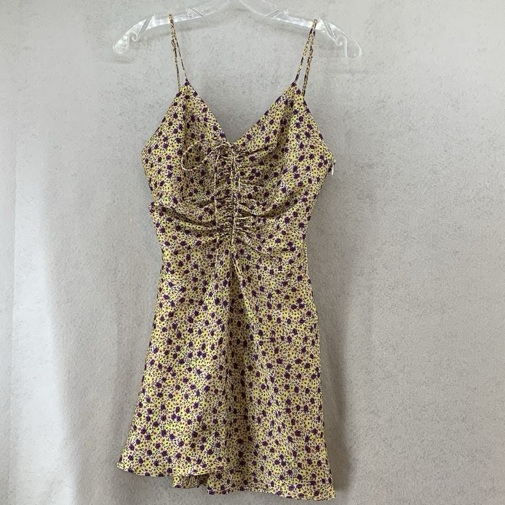 Zara Women’s Satin Butter Yellow Spring Floral Strappy Mini Cottage Dress Small